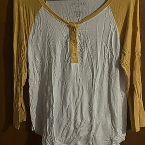 American Eagle Outfitters women’s Small - Yellow and White Henley Baseball Top
